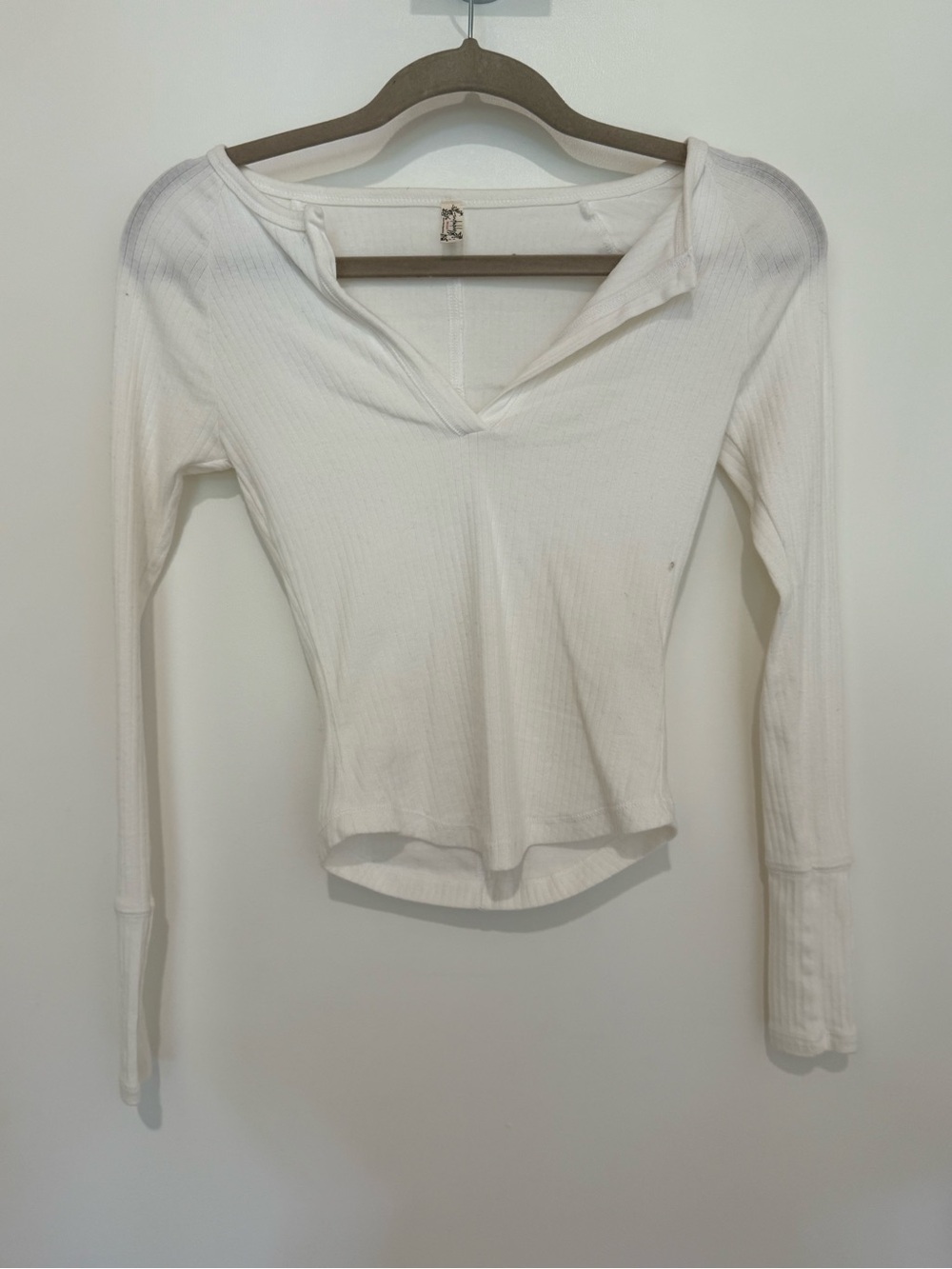 Free People White Ribbed V-Neck Long Sleeve Top